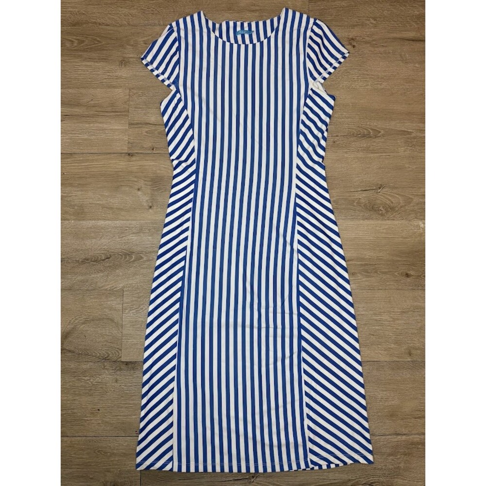 J. McLaughlin Blue White Striped Midi Dress XS Slimming Stretch Preppy - Picture 1 of 8